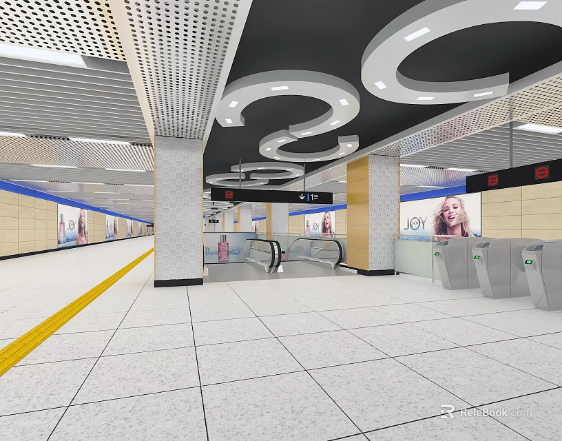 Modern Subway Station Platform with Escalators Circular Ceiling Design Advertisement Posters and Yellow Safety Line 3d model 