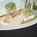 Park Landscape With Yellow Walkway Purple Flower Trees Benches And Colorful Ground Patterns
