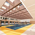 Bright Indoor Basketball Gymnasium With Blue Yellow Court And Wooden Ceiling Structure