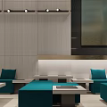 Modern Dessert Shop Interior With Teal And White Design Display Case Sofas Artwork And Perforated Ceiling 3d model