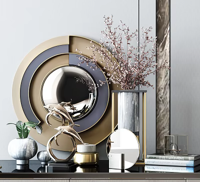 Modern Decorative Ornament Set With Circular Gold Frame Mirror Vase Flower Branches Dolphin And Books 3d model