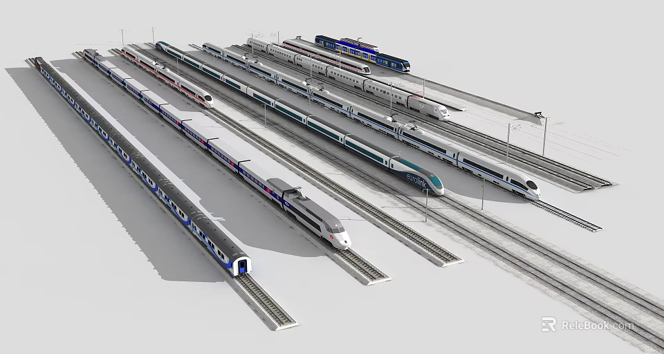 High Speed Trains Lined Up On Rail Tracks With Various Models And Modern Designs 3d model 