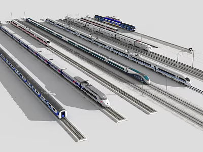 High Speed Trains Lined Up On Rail Tracks With Various Models And Modern Designs 3d model