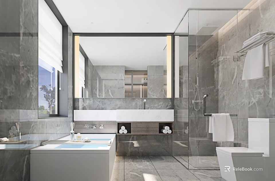 Modern Bathroom Interior With Marble Vanity Bathtub Glass Shower And Large Mirror 3d model 