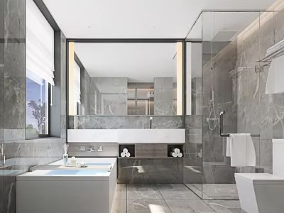 Modern Bathroom Interior With Marble Vanity Bathtub Glass Shower And Large Mirror 3d model
