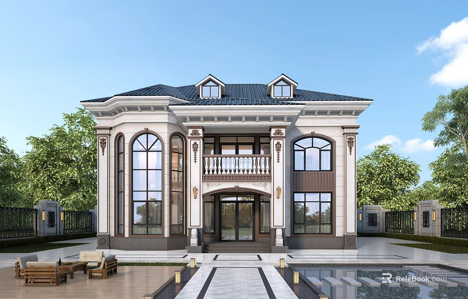 Elegant Detached Villa With Classical Architecture Large Windows Sloped Roof And Stone Facade 3d model 