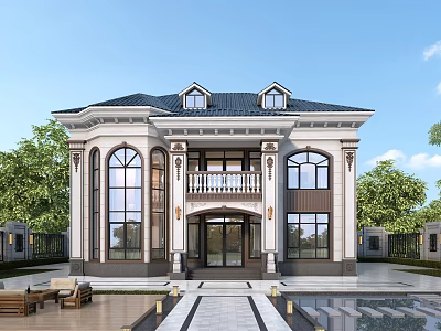 Elegant Detached Villa With Classical Architecture Large Windows Sloped Roof And Stone Facade 3d model