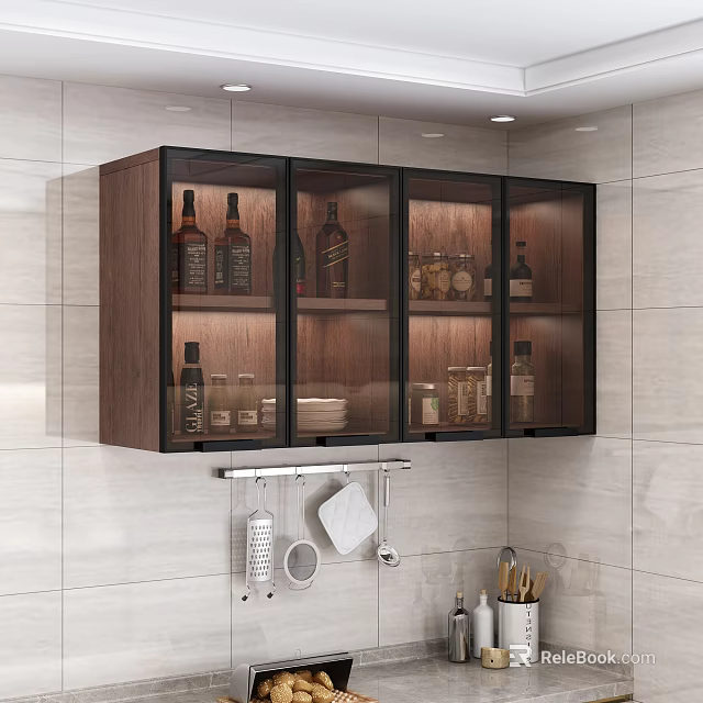 Wooden Kitchen Wall Cabinets with Glass Doors Storage on Light Colored Tile Wall 3d model 