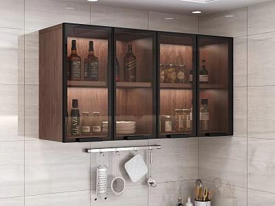Wooden Kitchen Wall Cabinets with Glass Doors Storage on Light Colored Tile Wall 3d model