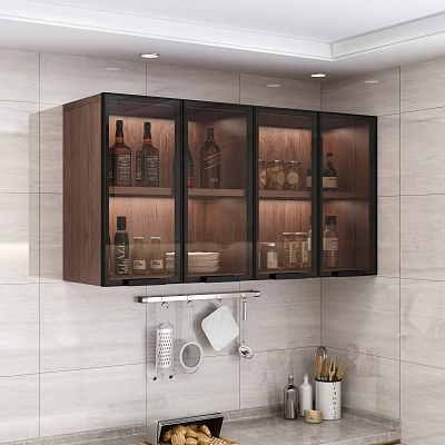 Wooden Kitchen Wall Cabinets with Glass Doors Storage on Light Colored Tile Wall 3d model