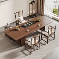Chinese Style Solid Wood Tea Table And Chairs With Tea Set And Carpets Near Window