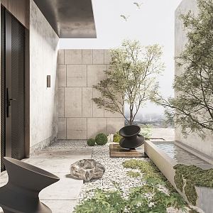 Modern courtyard landscape potted wall lamp roof garden courtyard sketch top chair moss stone landscape tree villa courtyard 3d model