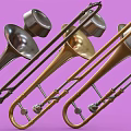 Three Silver And Gold Brass Trombones On Purple Background Musical Instruments