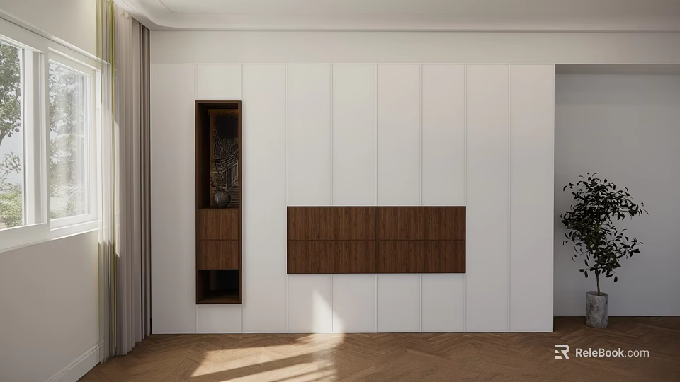 Modern Wall Mounted Storage Cabinet With White Wall And Wooden Panel Design 3d model 