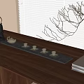 Elegant Tea Set with Teapot and Cups on Wooden Tabletop Window Bare Branch Decoration