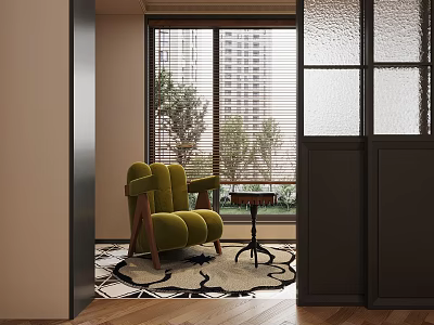Cozy Home Balcony With Green Armchair Small Side Table Plush Rug And Tall Buildings View 3d model