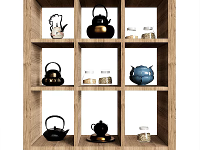 Wooden Shelf Display Featuring Assorted Teapots And Glass Jars 3d model