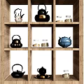 Wooden Shelf Display Featuring Assorted Teapots And Glass Jars
