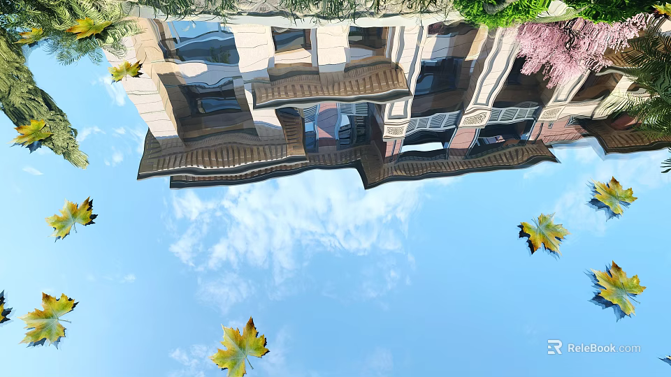 Charming Garden Ornaments With Building Reflections Blue Sky White Clouds Falling Leaves And Pink Flowers 3d model 
