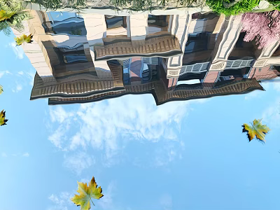 Charming Garden Ornaments With Building Reflections Blue Sky White Clouds Falling Leaves And Pink Flowers 3d model