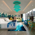 Hotel Guest Room With Green Cloud Ceiling Decor Blue Mountain Wallpaper And Children's Tent