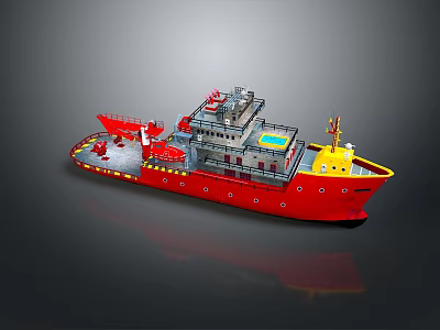 Red and Yellow Work Boat Featuring Deck Equipment and Upper Superstructure 3d model