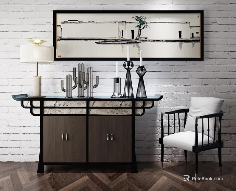 Elegant Console Table Interior Design With Brick Wall Art And Decorative Items 3d model