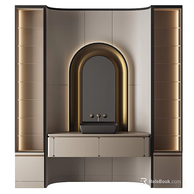 Elegant Modern Washbasin with Arched Backlit Mirror and Beige Cabinet in Golden Accent Bathroom 3d model 