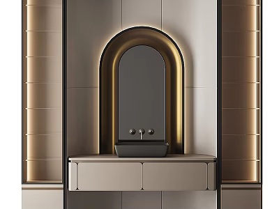Elegant Modern Washbasin with Arched Backlit Mirror and Beige Cabinet in Golden Accent Bathroom 3d model
