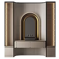 Elegant Modern Washbasin with Arched Backlit Mirror and Beige Cabinet in Golden Accent Bathroom