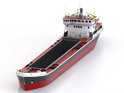 Cargo Ship With Red Black Hull Open Cargo Hold And Navigation Bridge Structure 3d model