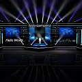 Elegant Tech Summit Stage With Purple Lighting Screens Global Map And Hello World 3d model