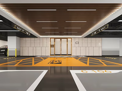 Modern Parking Lot Featuring Wooden Ceiling Yellow Floor Markings Entrance Doors And Parking Space Numbers 3d model