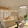 Modern Dessert Shop Interior With Glass Display Cases Wooden Decor Baked Goods And Pendant Lights