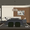 Modern Bedroom Interior Design Featuring Pendant Light Black White Abstract Painting Wooden Wall And Rug