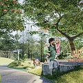 Outdoor Kids Play Area with Natural Trees Grass and Safe Play Structures
