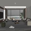 Modern Living Room Interior with Large Windows Blinds TV Wall Sofa Coffee Table and Plants