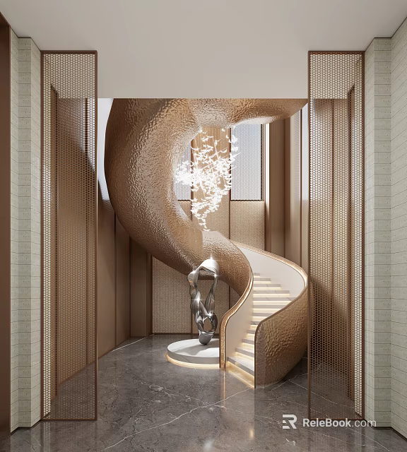 Golden Spiral Staircase With Perforated Metal Screens And Modern Sculpture Chandelier 3d model 