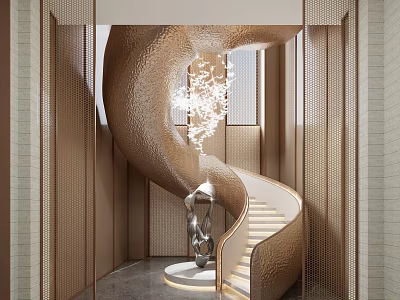 Golden Spiral Staircase With Perforated Metal Screens And Modern Sculpture Chandelier 3d model