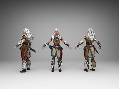 Game Movie Character With White Long Hair Decorative Outfit Armor And Three Quarter Views 3d model