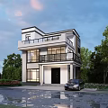 Modern Two Story Detached Villa With Large Windows Balcony Car On Driveway And Green Trees