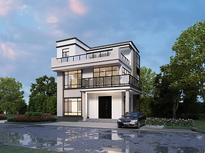 Modern Two Story Detached Villa With Large Windows Balcony Car On Driveway And Green Trees 3d model