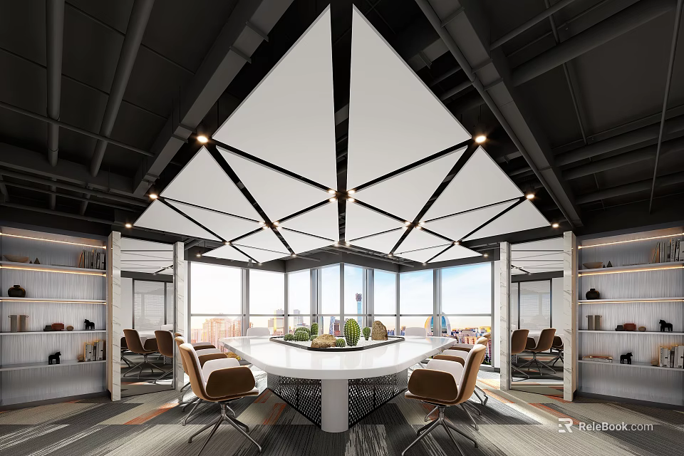 Modern Conference Room Interior With Round Table Large Windows And Geometric Lighting Fixtures 3d model 