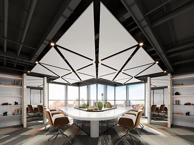 Modern Conference Room Interior With Round Table Large Windows And Geometric Lighting Fixtures 3d model