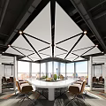 Modern Conference Room Interior With Round Table Large Windows And Geometric Lighting Fixtures