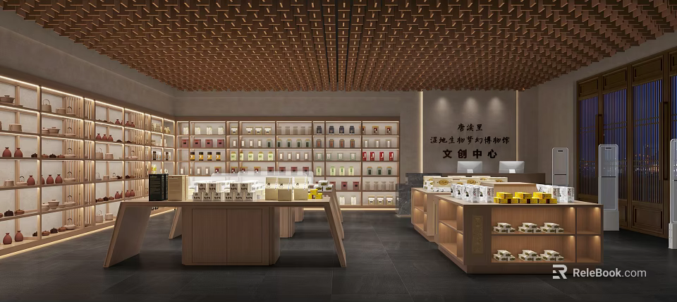 Traditional Cultural Products Specialty Store With Wooden Shelves And Display Counters 3d model 