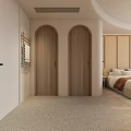 Minimalist Hotel Guest Room With Large Bed White Bedding Wooden Flooring And Soft Lighting