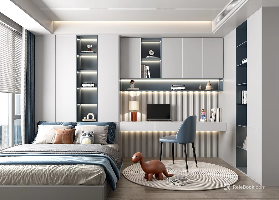 Modern Tatami Bedroom Interior Design With Bed Blue Bedding Pillows Desk Laptop And Blue Chair 3d model 
