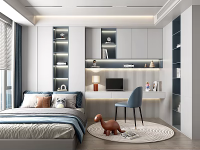 Modern Tatami Bedroom Interior Design With Bed Blue Bedding Pillows Desk Laptop And Blue Chair 3d model