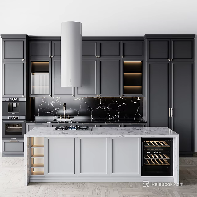 Modern Kitchen With Gray Cabinets Black Marble Backsplash Island And Wine Rack 3d model